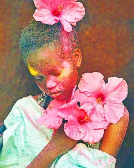 Afro Girl And Pink Flowers paint by numbers