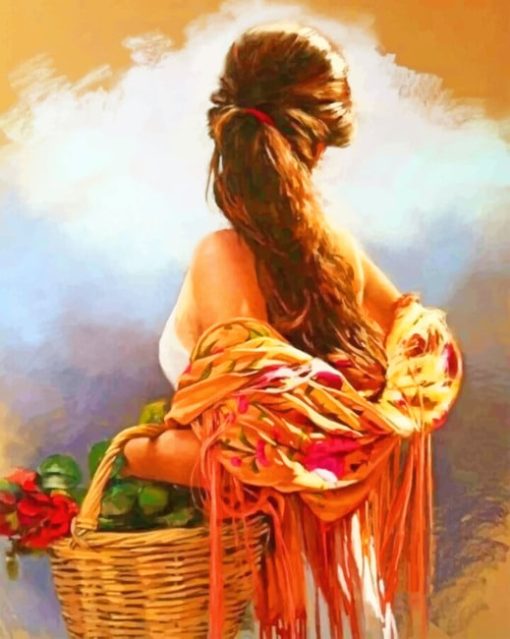 Woman Holding A Basket Full Of Red Flowers paint by numbers