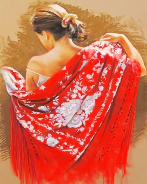 woma wearing red paint by numbers
