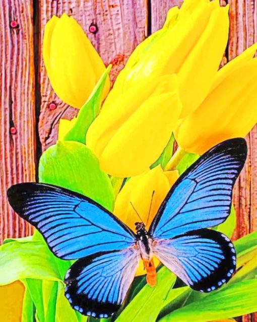Yellow Tulip And Blue Butterfly paint by numbers
