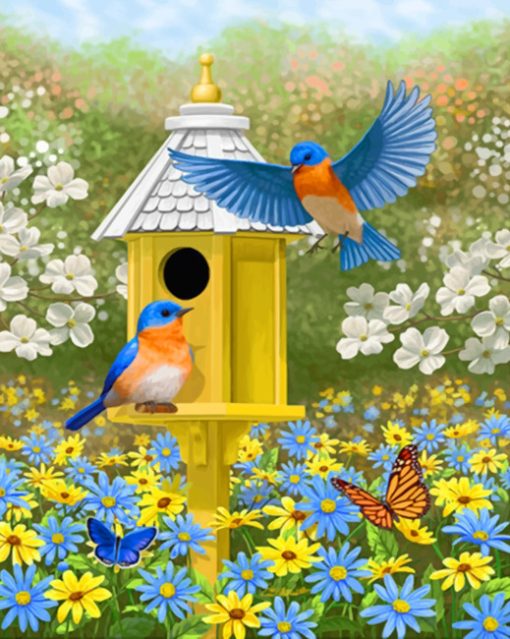 Colorful Garden Bluebirds And Birdhouse Paint by numbers