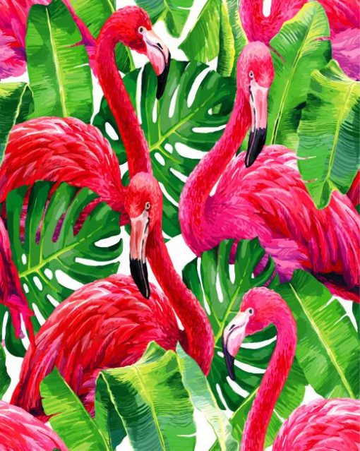 Flamingos In Monstera Plants Paint by numbers
