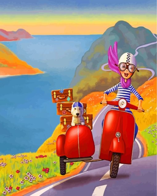 Girl And Dog On Motorcycle Paint by numbers