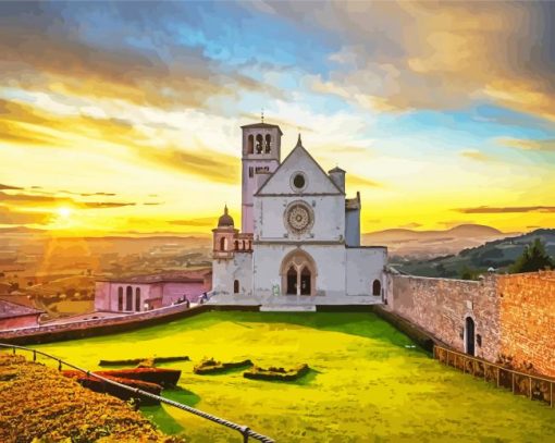 Basilica of San Francesco d Assisi Italy at Sunset paint by numbers
