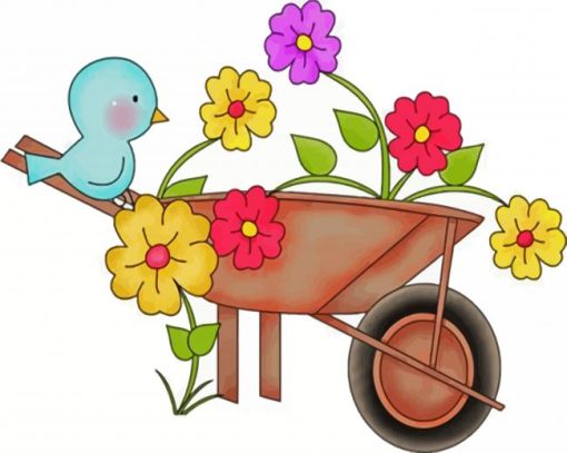 Cute Wheelbarrow with Flowers and Blue Bird paint by numbers