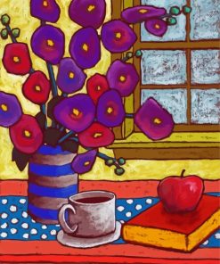 Purple Flowers And Cup Of Coffee Paint By Number