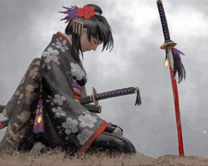 Asian Girl and Katana Sword paint by numbers
