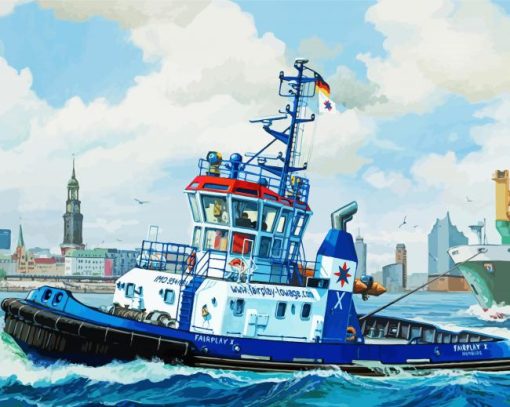 Blue Tugboat Ship Paint By Number