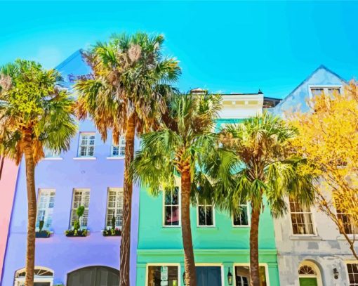 Rainbow Row Houses Charleston paint by numbers