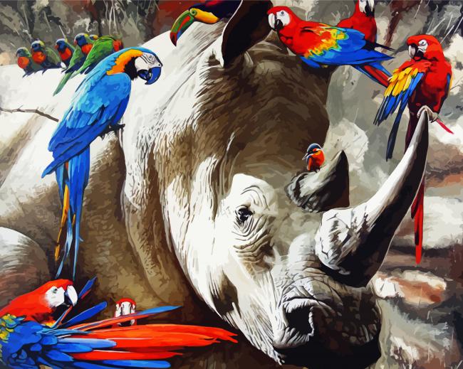 Rhino and Parrots paint by numbers