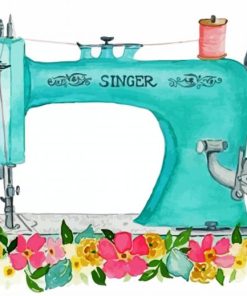 Blue Sewing Machine With Flowers Paint By Number