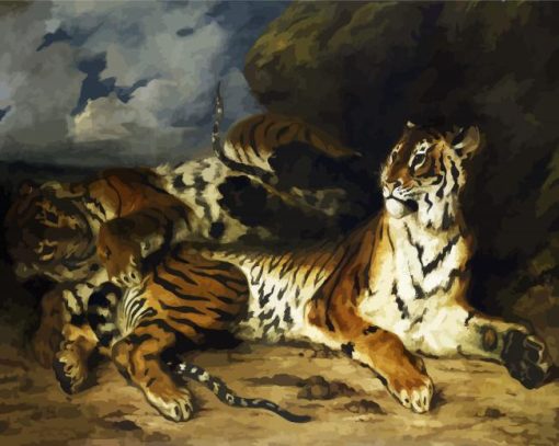 A Young Tiger Playing with Its Mother by Delacroix Eugène paint by numbers