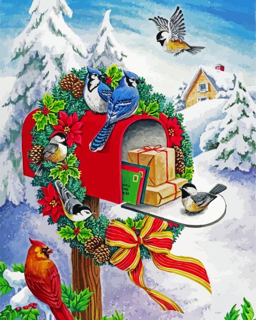 Christmas Mailbox with Birds paint by numbers