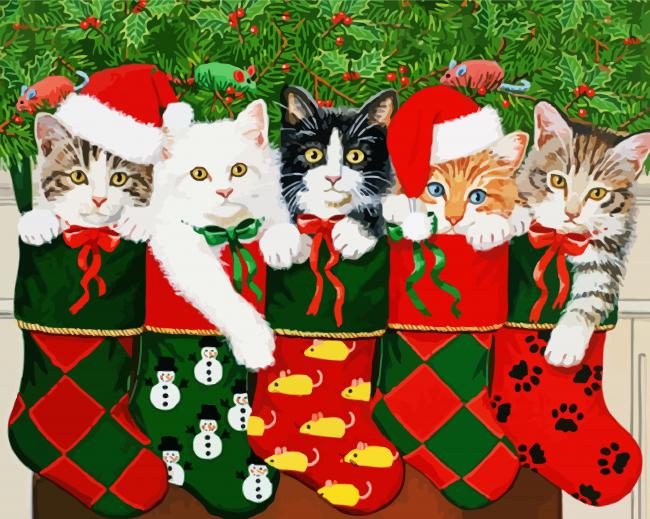 Kittens in Christmas Stockings paint by numbers