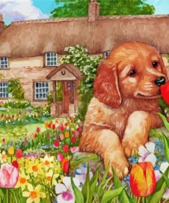 Puppy Smelling Flowers paint by numbers