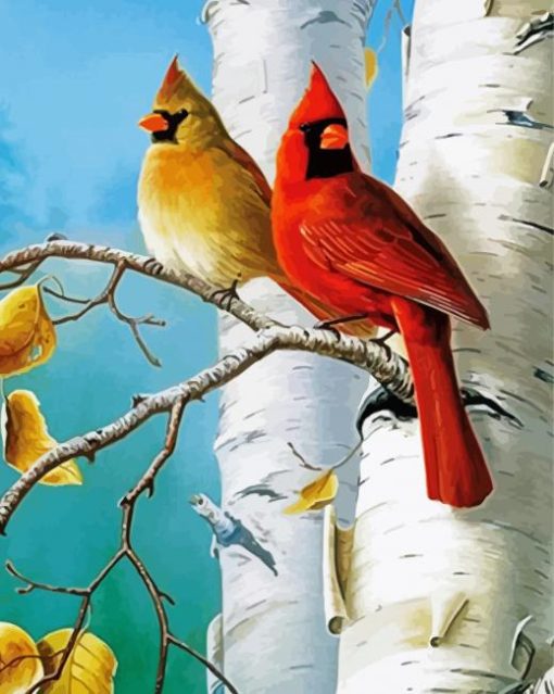 Birch Trees and Cute Birds paint by numbers