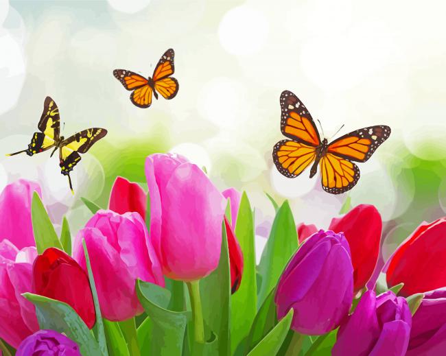 Butterflies with Tulips paint by numbers
