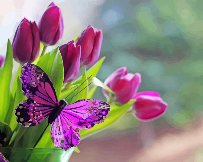 Purple Butterfly with Tulips paint by numbers