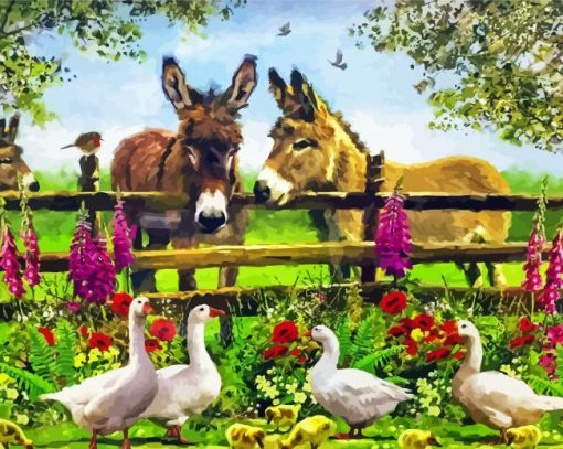Donkeys and Geese and Flowers paint by numbers