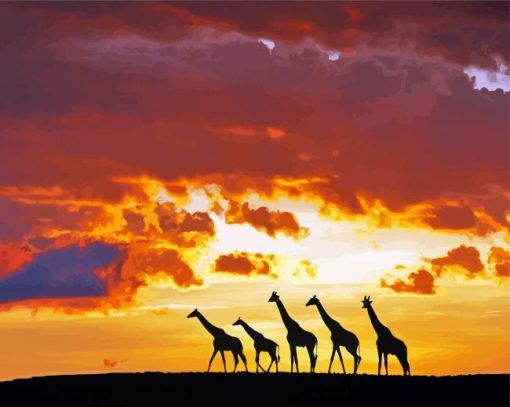Giraffes Animals Silhouette At Sunset paint by numbers