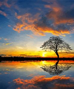 Panorama Tree by Water at Sunset paint by numbers