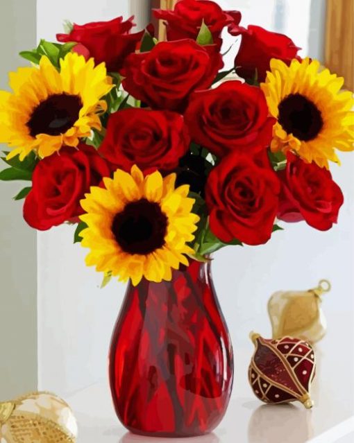 Roses and Sunflowers in Red Vase paint by numbers