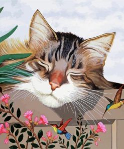 Sleepy Cat With Hummingbird paint by numbers