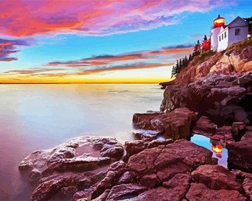 Sunset At Bass Harbor Head Lighthouse paint by numbers