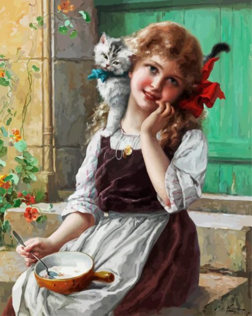 Blonde Little Girl and Kitten paint by numbers