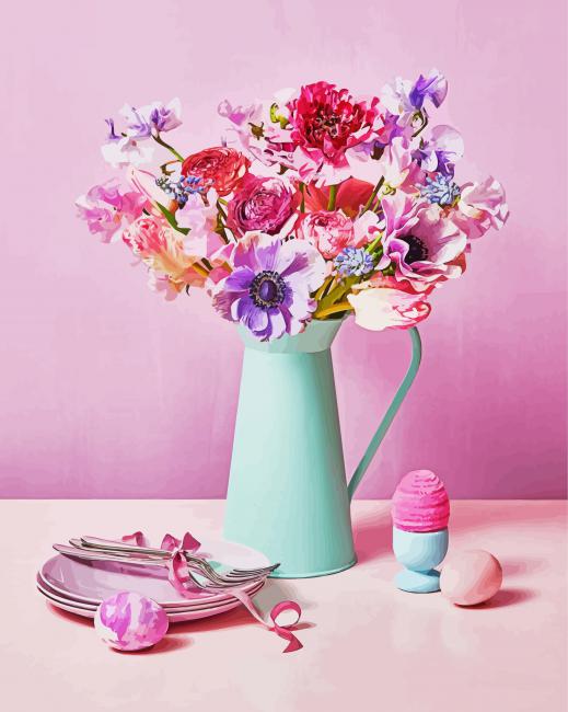 Pinky Flowers in Blue Jar paint by numbers