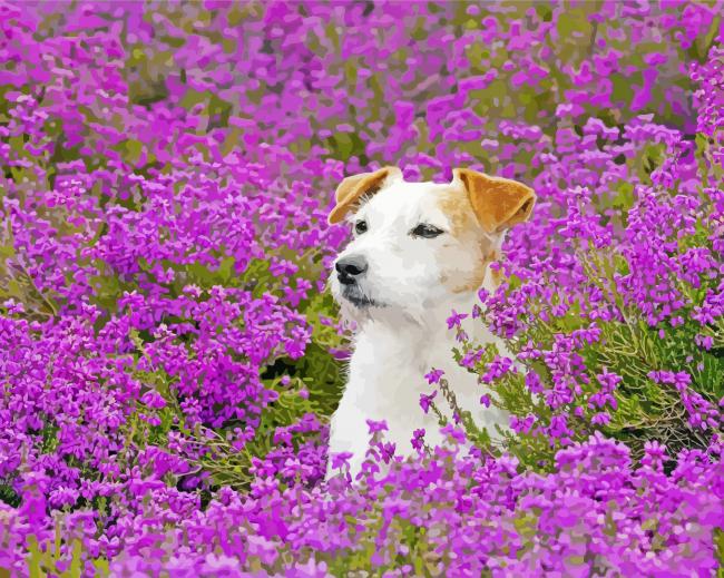 Puppy In Flowers Field paint by number