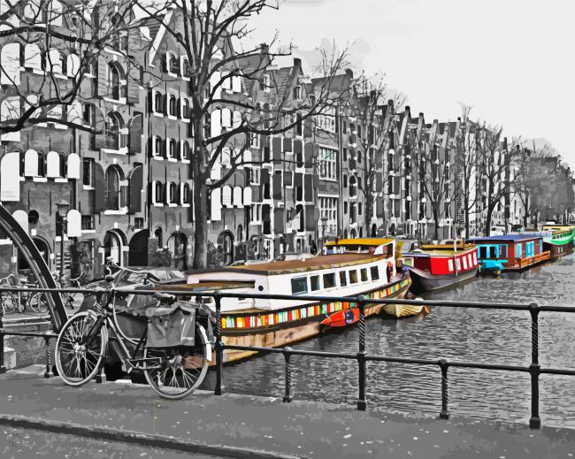 mengsel Onaangeroerd Buitenshuis Amsterdam Colorful Barges - Paint by Numbers - PaintingByNumbersKit.COM