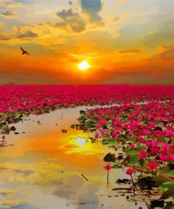 Pink Flowers Sunset paint by number