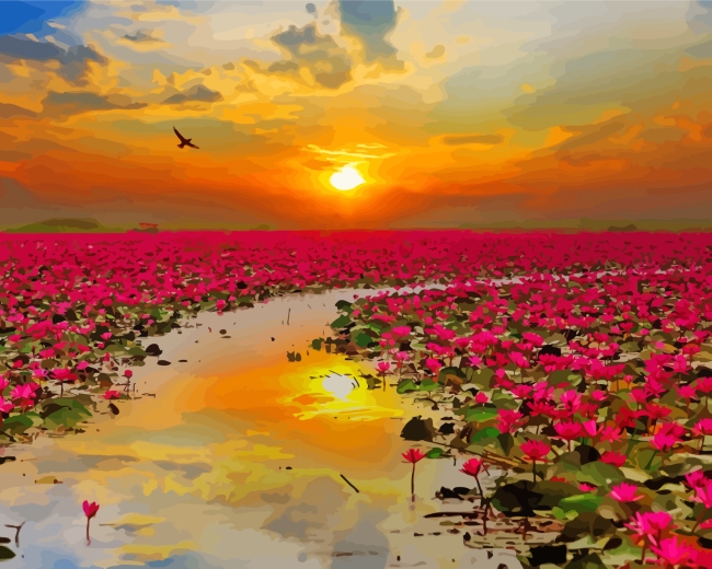 Pink Flowers Sunset paint by number