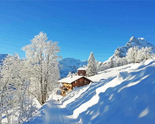 Swiss Cottage Snowy Landscape paint by number
