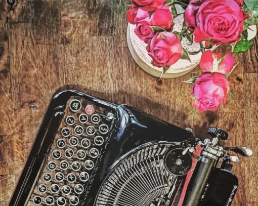 Vintage Typewriter With Pink Flowers paint by number