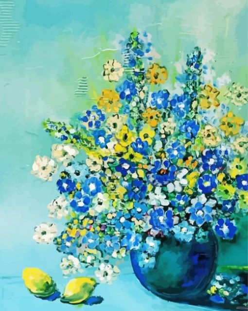 Blue Yellow Flowers Vase And Lemons paint by number