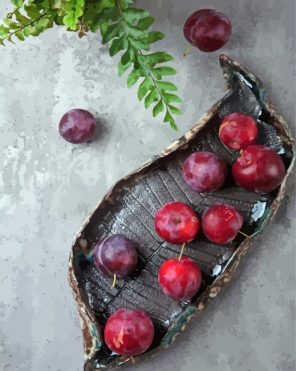 Grey Background With Plums On Plate Paint by Numbers